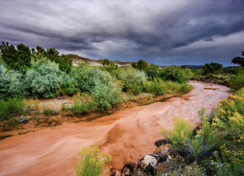 A flooding river with dark clouds 