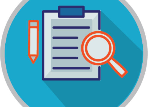 Clipboard with pen and magnifying glass icon