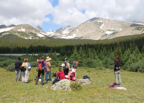 People standing in a field near a mountain range