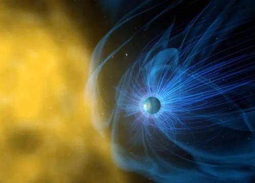 An artistic visualization of Earth's magnetosphere, showing blue magnetic field lines extending from the planet and deflecting a stream of yellow solar wind particles approaching from the left.