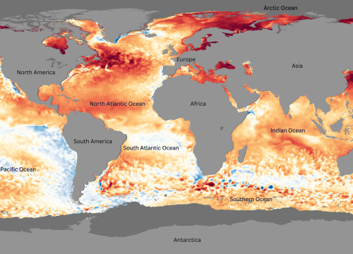 Global map showing sea surface temperature anomalies. Areas with above-average temperatures are shaded in red and dark red, while cooler-than-average regions are in blue. Major oceans and geographic regions are labeled, highlighting significant warm anomalies in the North Pacific, North Atlantic, and Indian Ocean.