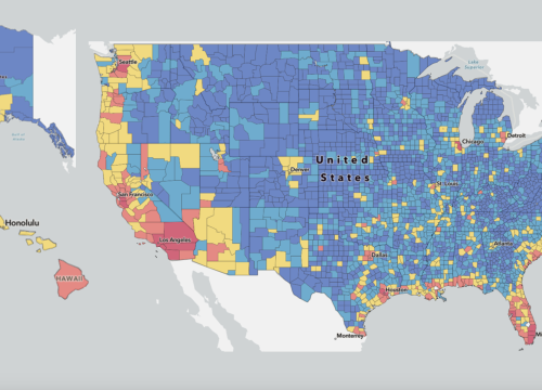 The National Risk Index Map demonstrates natural hazard risk data across the United States by county. Most of central US is in blue and demonstrates lowered hazard risk. Most coastal regions and counties with major cities are red and more at risk.