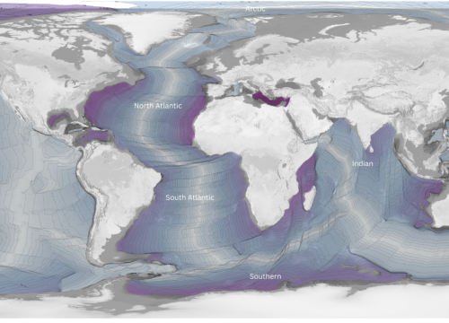 The Age of the Seafloor. The image demonstrates that the seafloor tends to be the youngest in the middle of each ocean, and the oldest near the coasts of the continents. 