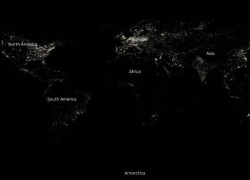 Satellite shot of the Earth from space at night with light pollution.