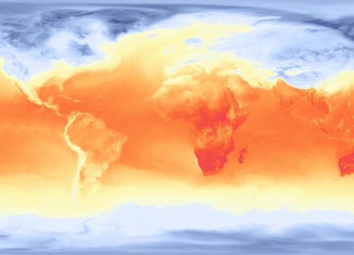 Global temperature map showing climate patterns across Earth. Warmer regions are highlighted in red and orange around the equator, Africa, South America, and Australia. Cooler regions in light blue and deep blue appear in the polar areas of the Arctic and Antarctica, as well as northern Asia and North America