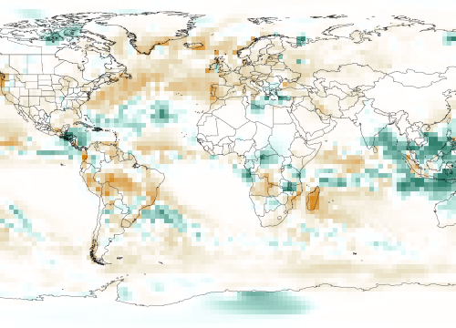 Satellite analysis of global historical precipitation data colored to represent the departure from normal based on the precipitation totals higher than the 1981-2010 average. The graph shows that North America, most of South America, Southern Africa, and Europe are receiving less precipitation than usual. It also shows more precipitation than normal in Latin America and parts of Africa. All of Southeast Asia and Australia are receiving significantly more moisture than usual.