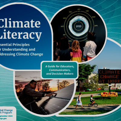 Front page of the Climate Literacy Guide showing a construction work sign about climate change, solar panels, and a graph of temperatures over time.