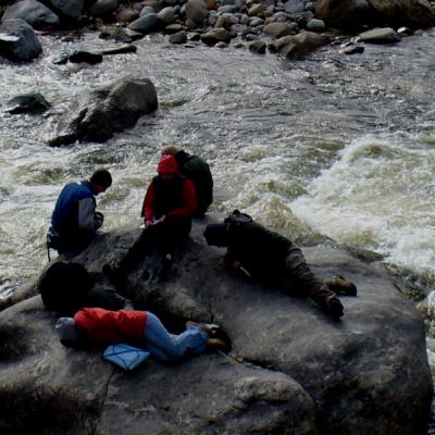 5 people sitting on a rock in the middle of a river conducting fieldwork