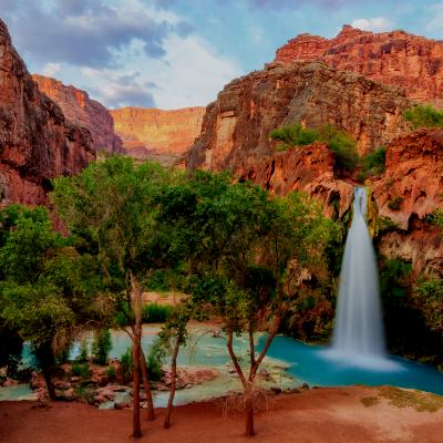 Cove in the desert with small waterfall, red rock and green trees
