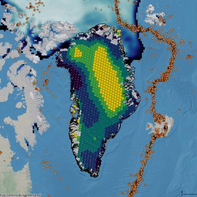 Map of Greenland and different colors covering the map. Yellow, green, purple