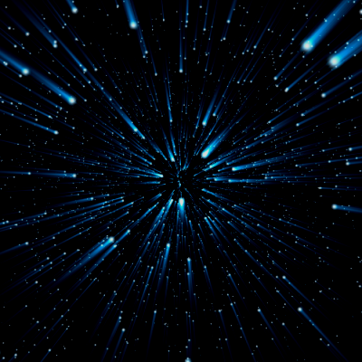 A digital illustration of a warp-speed or hyperspace effect, featuring bright blue and white light streaks radiating outward from a central point against a dark space background, creating the illusion of rapid motion through a star field.