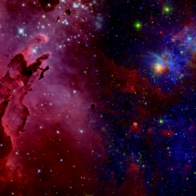 A composite image of space showing two distinct nebula regions. The left side features the reddish-pink Pillars of Creation, with towering columns of gas and dust surrounded by bright stars. The right side transitions into a vibrant, multi-colored star field in shades of blue, purple, and red, filled with glowing stars and cosmic clouds.