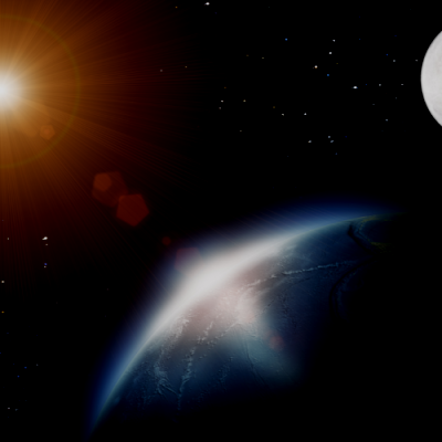 A space scene showing the Sun shining brightly in the top left corner, casting light over the curved surface of Earth, which is partially illuminated. The Moon is visible in the upper right against a backdrop of stars, creating a dramatic cosmic view.