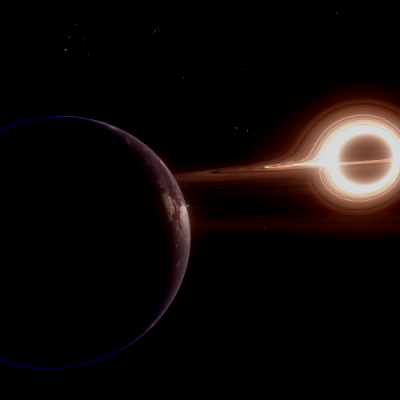 A dramatic space scene showing a dark planet in the foreground with faint illumination on its edge, while a glowing black hole with a bright accretion disk emits light and gravitational distortion in the background, set against a star-filled universe.