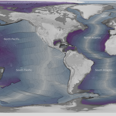 World map showing ocean basins with bathymetric contour lines and shaded relief. The North Pacific, South Pacific, North Atlantic, and South Atlantic oceans are labeled. Cooler colors like blue and purple indicate varying ocean depths, with continental landmasses in grayscale.