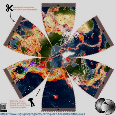 An educational diagram showing global tectonic plate boundaries arranged in a flower-petal shape, with each petal displaying a different region of Earth's tectonic activity. Pink lines mark plate boundaries, and labels identify features such as volcanoes, earthquakes, and mid-ocean ridges. Insets include a camera icon and a globe for orientation.