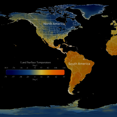 Map of the Americas showing land surface temperatures, with a color scale ranging from dark blue (cold) to orange (hot). North and South America are labeled, with warmer temperatures shown across Central and South America and cooler temperatures in northern North America. The Atlantic and Pacific Oceans are also visible