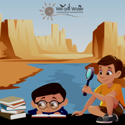 animated image of kids with books, a magnifying glass, and the grand canyon in the background