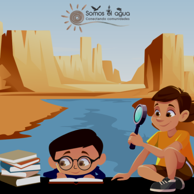 animated kids with books and magnifying glass with grand canyon as a background 