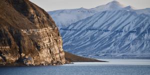 Mountains bordering seaside with one mountain snow covered, the other one has greenery