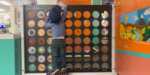 Little boy putting a round image into a board holding other images