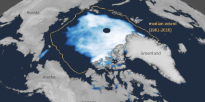 Map of the Arctic region showing sea ice concentration on September 11, 2020, during the summer minimum. Ice coverage is shaded in white and light blue, indicating varying concentrations. A yellow outline marks the median extent of sea ice from 1981–2010 for comparison. The map highlights a significant reduction in sea ice area.