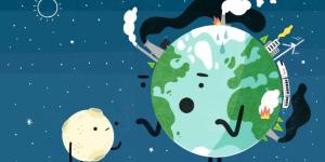 Large animated Earth with industry animations no top talking to a small moon, representing an adult talking to a child