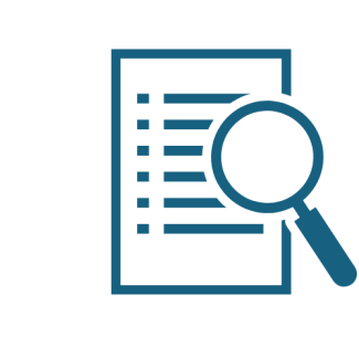 Icon of a document with horizontal lines and a magnifying glass positioned over it, symbolizing data review or document analysis.