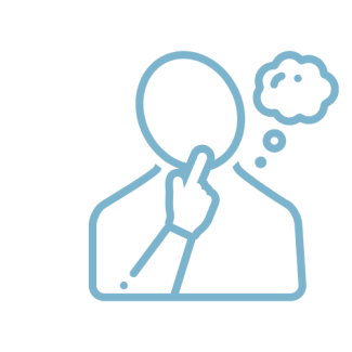 Simple blue line icon of a person with a hand on their chin and a thought bubble above their head, representing thinking or contemplation.