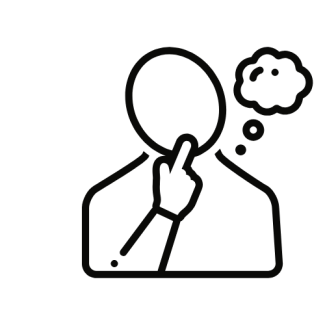 Black line drawing of a person with one hand on their chin and a thought bubble above their head, representing thinking or reflection.