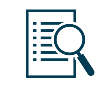 Dark blue icon of a document with horizontal lines and a magnifying glass positioned over it, symbolizing research, review, or analysis