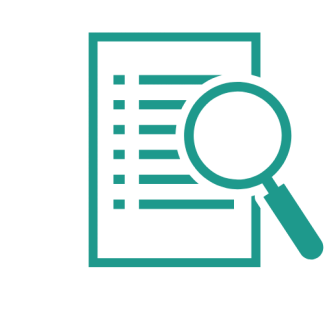 Icon of a document with horizontal lines and a magnifying glass positioned over it, symbolizing search or review.
