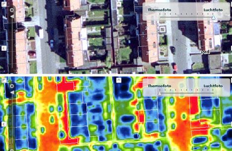 A satellite image is shown over the same image in infrared, showing that the paved sidewalks and roads retain more heat than homes and vegetation.