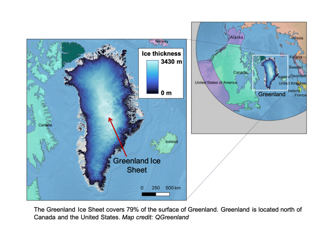 The Greenland Ice Sheet covers 79% of the surface of Greenland. Greenland is located north of Canada and the United States. Map credit: QGreenland