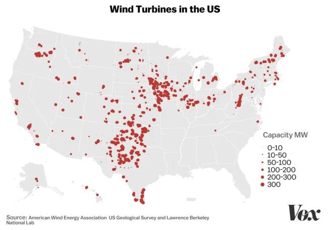 Map of the United States with red dots showing the location of Wind Turbines in the United States