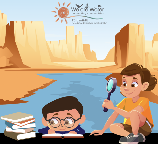 Cartoon graphic of a young girl and boy with a magnifying glass and books and the text "TÓ DANIIDLĮ́ NILĮ́  BE A WATER HISTORIAN! Táá kwe’é nihi naalstoos bá hooghanígíí bił ndeelnish Created for ages 13 and up"