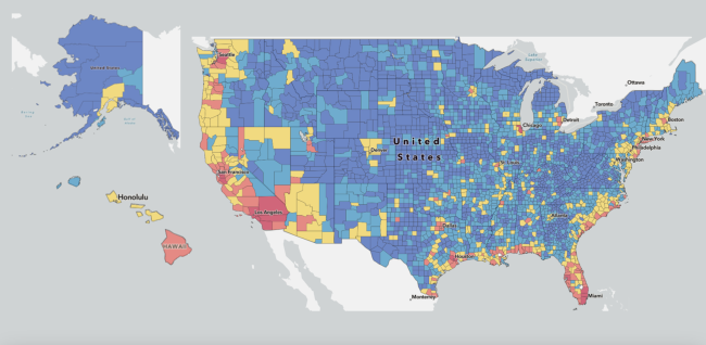 The National Risk Index Map demonstrates natural hazard risk data across the United States by county. Most of central US is in blue and demonstrates lowered hazard risk. Most coastal regions and counties with major cities are red and more at risk.