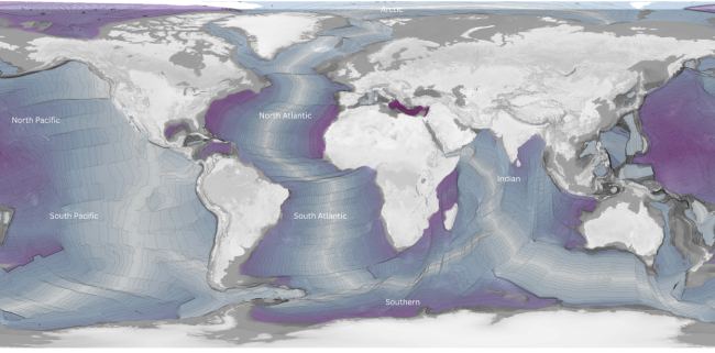 The Age of the Seafloor. The image demonstrates that the seafloor tends to be the youngest in the middle of each ocean, and the oldest near the coasts of the continents.