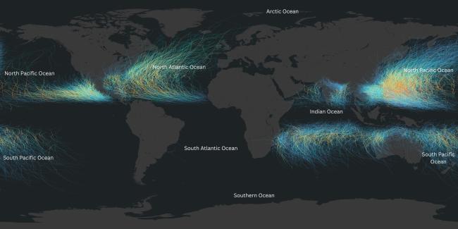 Hurricane Tracks shows global tropical cyclones from 1950 - 2020. The majority of this activity is in the North Atlantic Ocean, the Eastern pacific, Southwest Asia, and in the Indian Ocean.