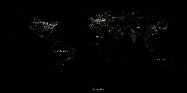Satellite shot of the Earth from space at night with light pollution.