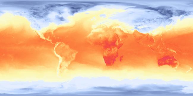 Global temperature map showing climate patterns across Earth. Warmer regions are highlighted in red and orange around the equator, Africa, South America, and Australia. Cooler regions in light blue and deep blue appear in the polar areas of the Arctic and Antarctica, as well as northern Asia and North America