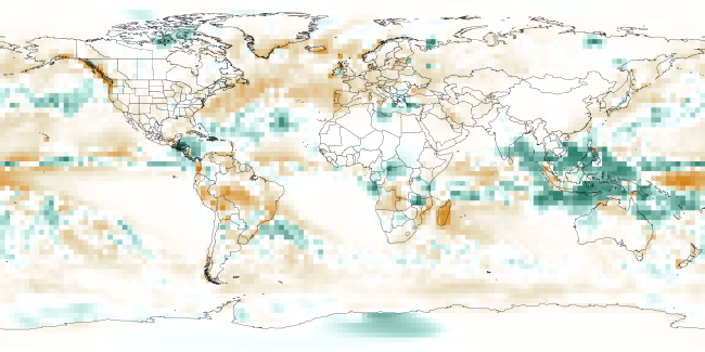 Satellite analysis of global historical precipitation data colored to represent the departure from normal based on the precipitation totals higher than the 1981-2010 average. The graph shows that North America, most of South America, Southern Africa, and Europe are receiving less precipitation than usual. It also shows more precipitation than normal in Latin America and parts of Africa. All of Southeast Asia and Australia are receiving significantly more moisture than usual.