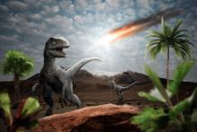 Dinosaurs looking at asteroid