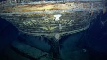  The stern of the Endurance with the name and emblematic polestar by Falklands Heritage Trust and National Geographic