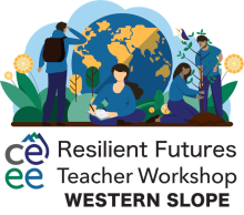 CEEE loog, text reading Resilient Futures Workshop, globe with people outside above the text