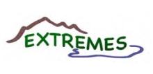 Extremes written in green text with brown outline of mountain and valley around it