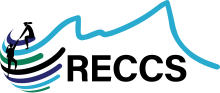 Logo for the Research Experience for Community College Students (RECCS) program. The design features a stylized blue mountain range above the acronym 'RECCS' in bold black letters. To the left, a globe-like swirl of green, blue, and dark blue arcs encircles a silhouette of a person climbing a ladder, symbolizing growth and global impact
