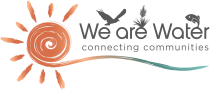 We are Water Logo; an orange sun with gray letters spelling out We are Water Connecting Communities with a bird, flower, and fish