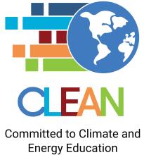CLEAN logo featuring colorful horizontal bars beside a blue globe icon, with the text 'CLEAN' in multicolored letters and the tagline 'Committed to Climate and Energy Education' below