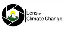 Black circle with green and white mountains and a yellow sun next to words 'Lens on Climate Change'